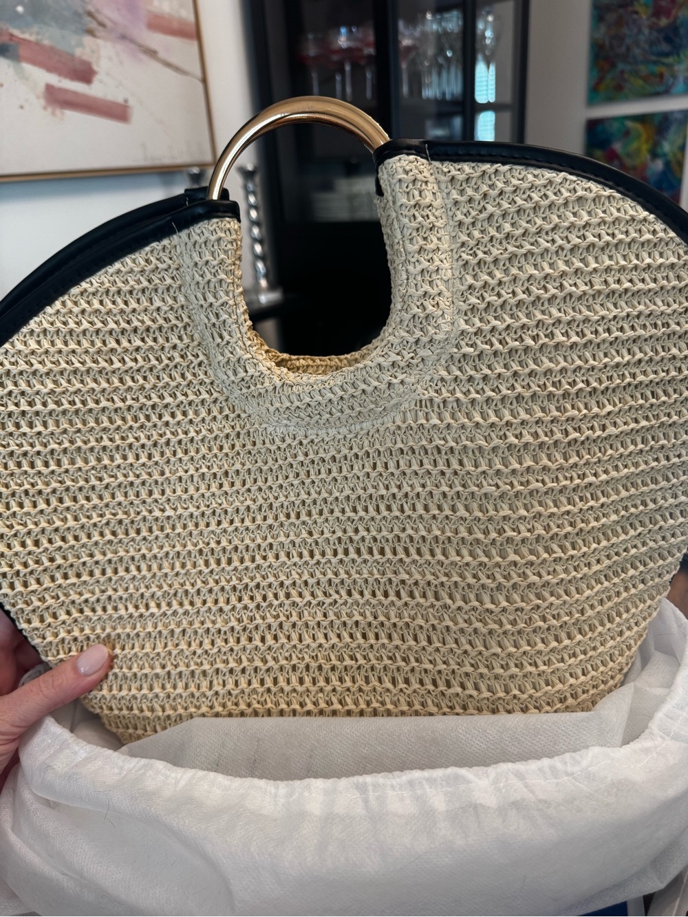 Billini Woven Tote with Black Trim and Gold Handles